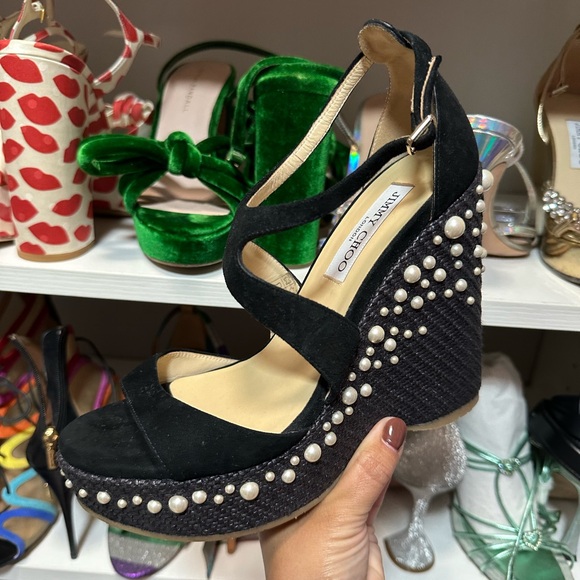 Jimmy Choo Shoes - Jimmy Choo Palm 120 black Embellished Wedge Sandals